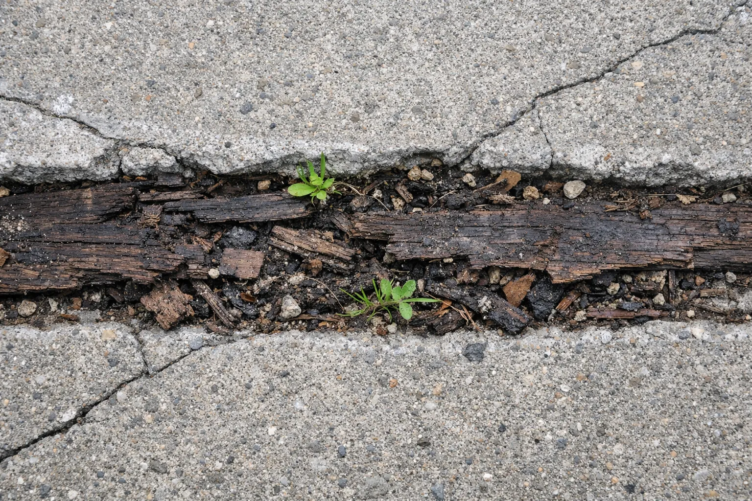 Rotting plywood expansion joint before replacement
